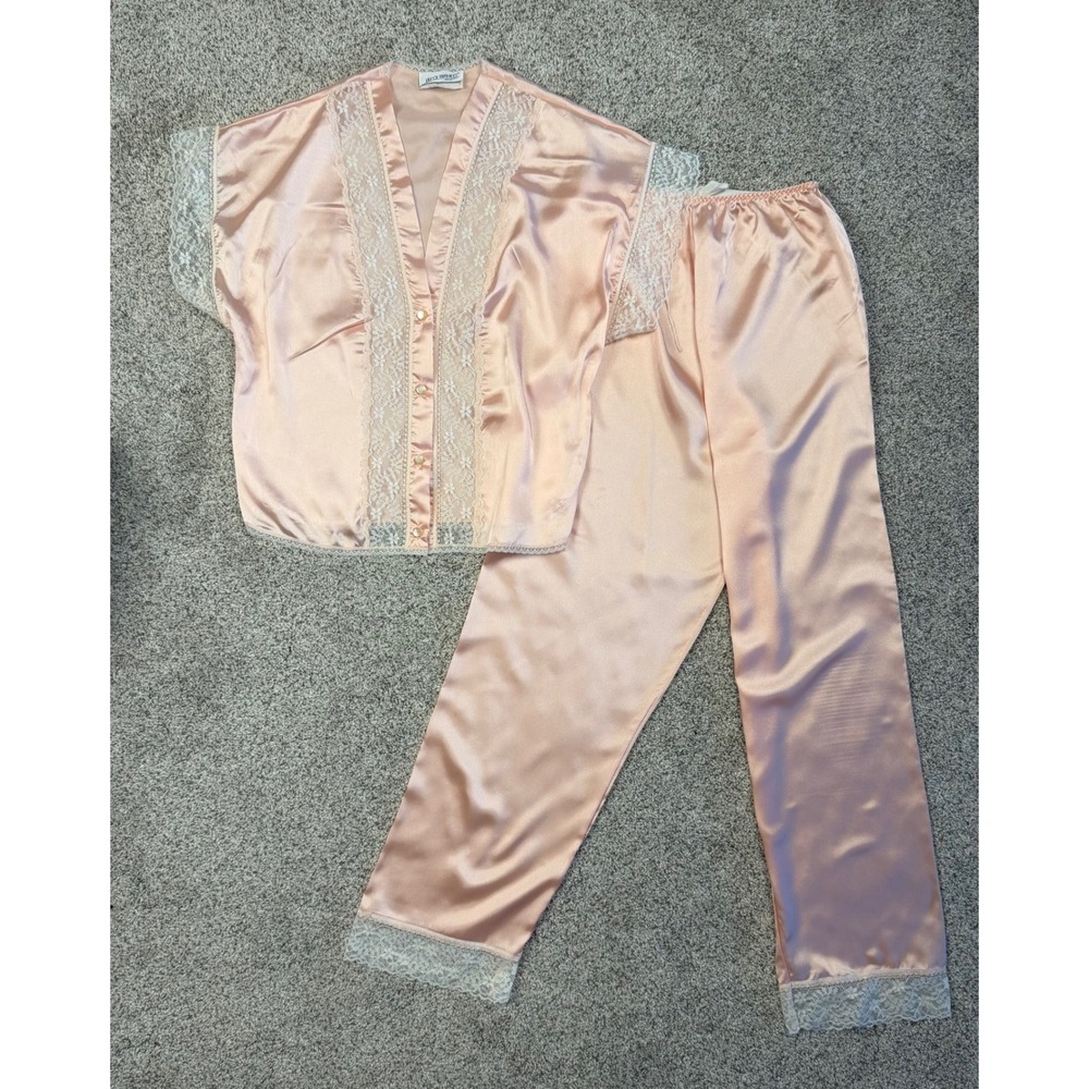 Lily of France Pajama Set Satin Lace Trim Small Peach Pink Vintage Sleepwear USA